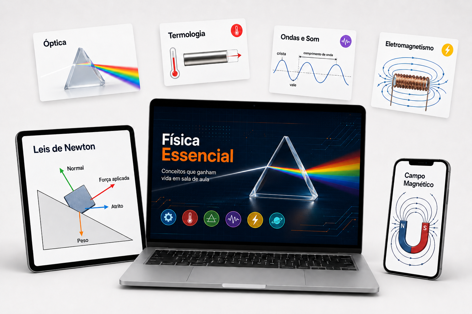 +350 Slides de Física em laptop, tablet e celular, com prévias de Óptica, Termologia, Ondas e Som, Eletromagnetismo, Leis de Newton e Campo Magnético