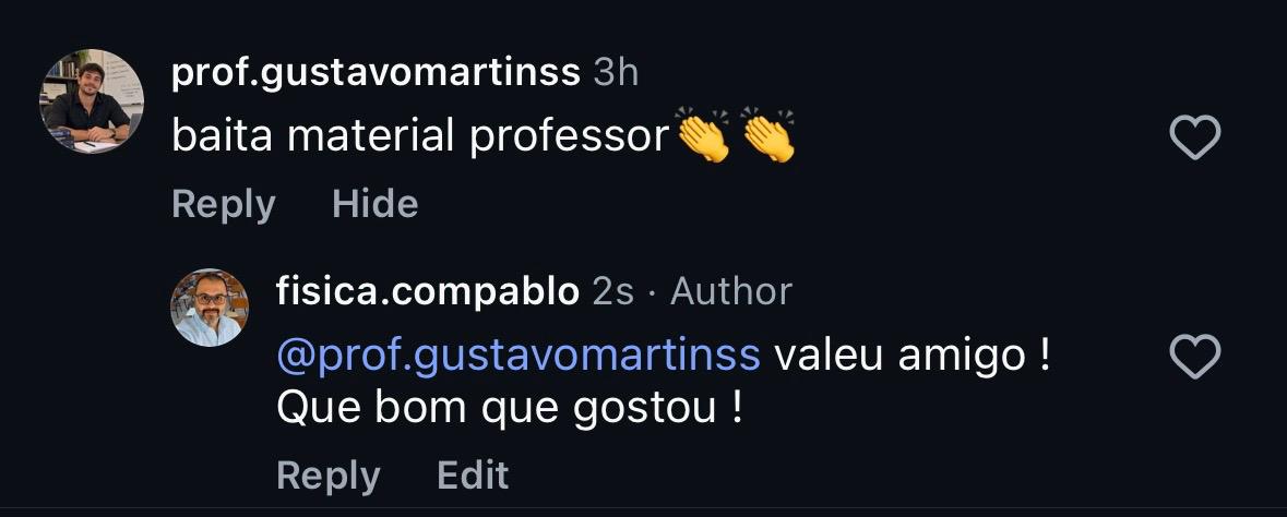 Comentário do Prof. Gustavo Martins no Instagram sobre o material de física