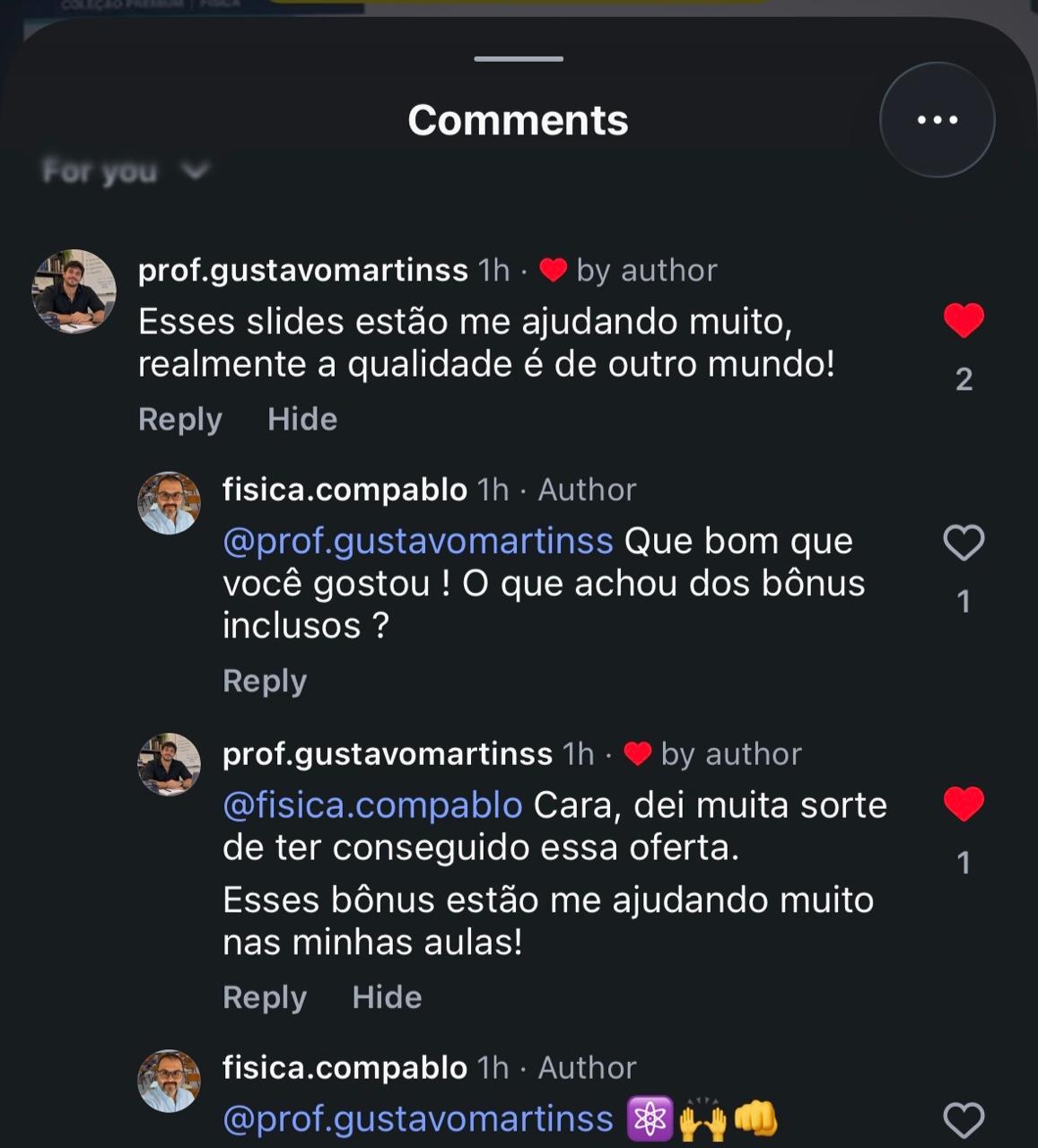 Comentário do Prof. Gustavo Martins no Instagram sobre a qualidade dos slides e dos bônus