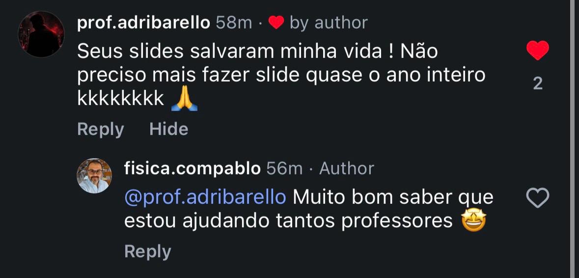 Comentário do Prof. Adriano Barello no Instagram sobre os slides de física